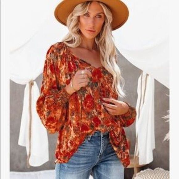 Autumn Fall Lake Floral Blouse Top - Picture 1 of 6